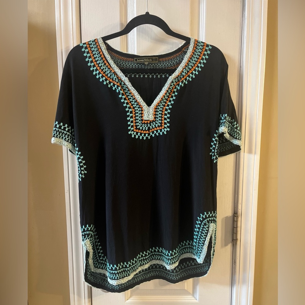 Love Stitch navy top with Turquoise and Orange Embroidery. Size large
